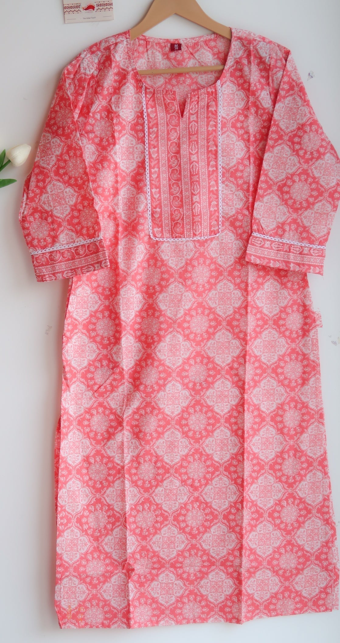 Rose Whispers Lace-Adorned Long Kurta