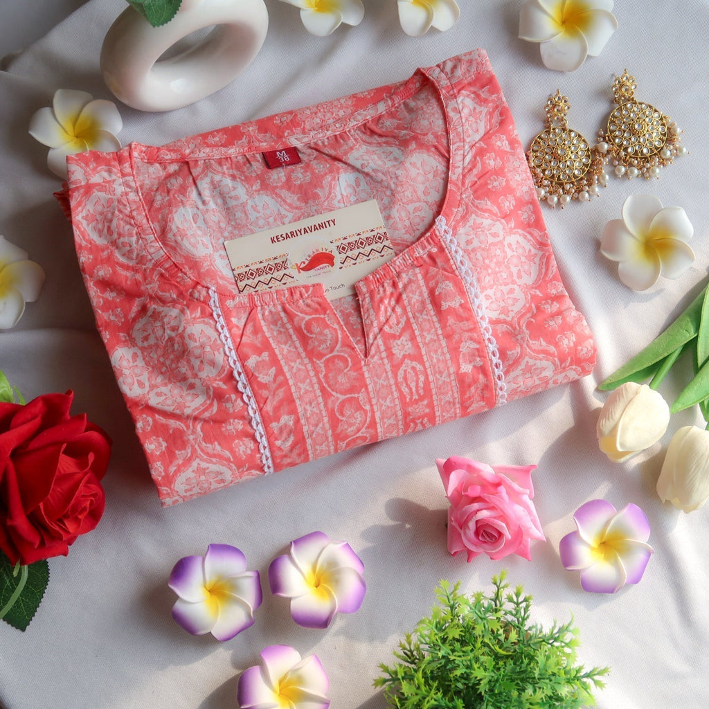 Rose Whispers Lace-Adorned Long Kurta