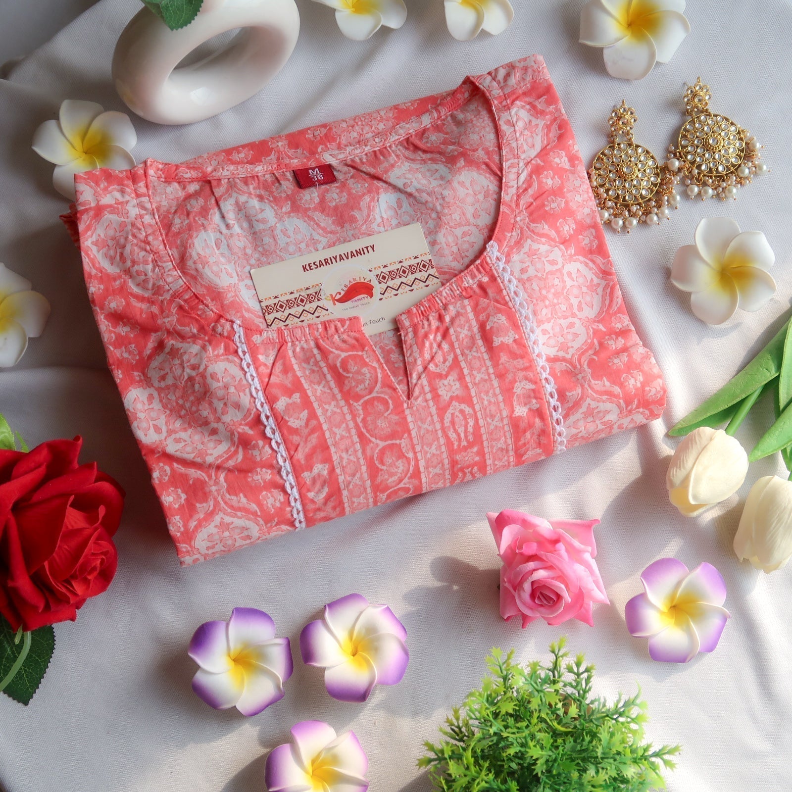 Rose Whispers Lace-Adorned Long Kurta