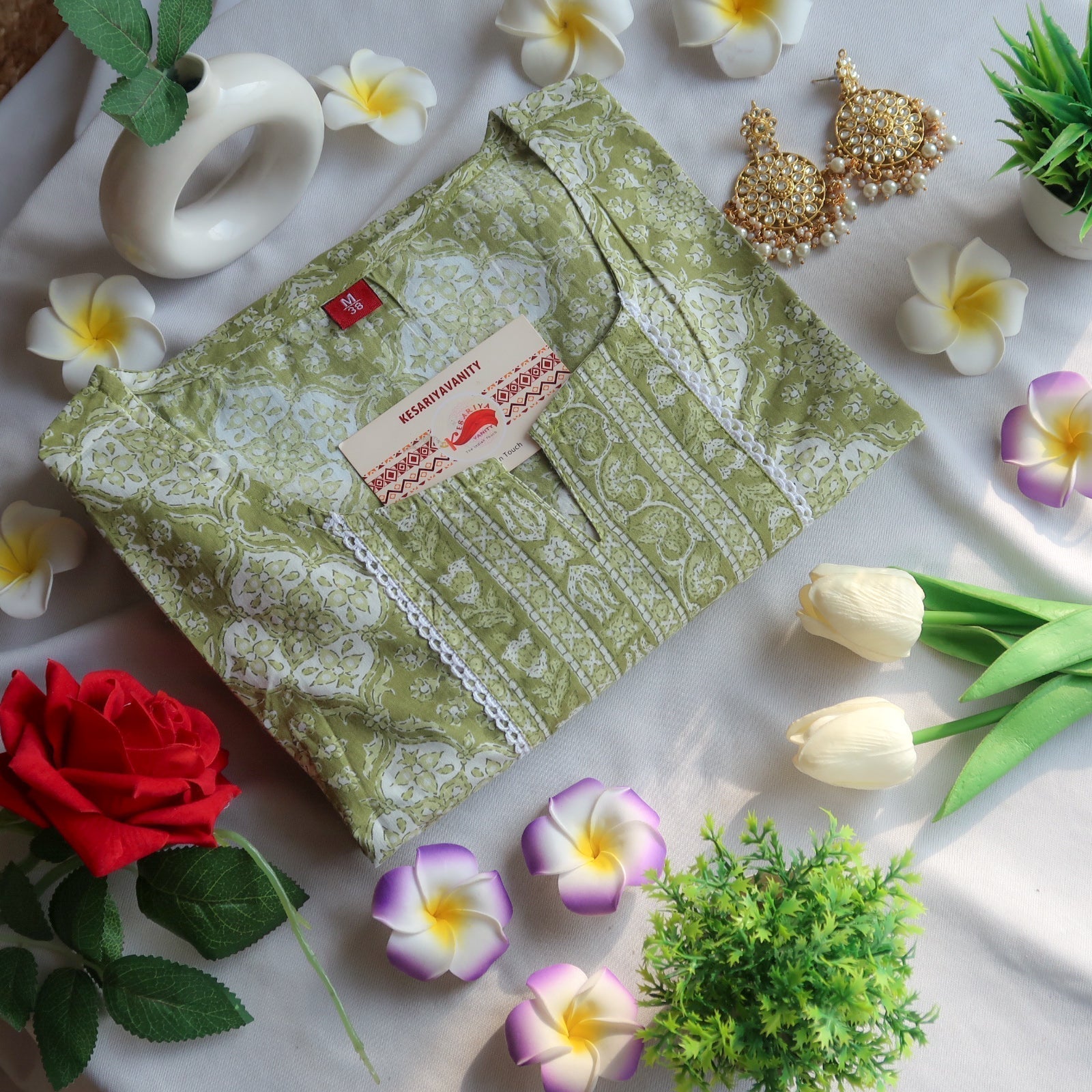Verdant Lace Whispers Lace-Adorned Long Kurta