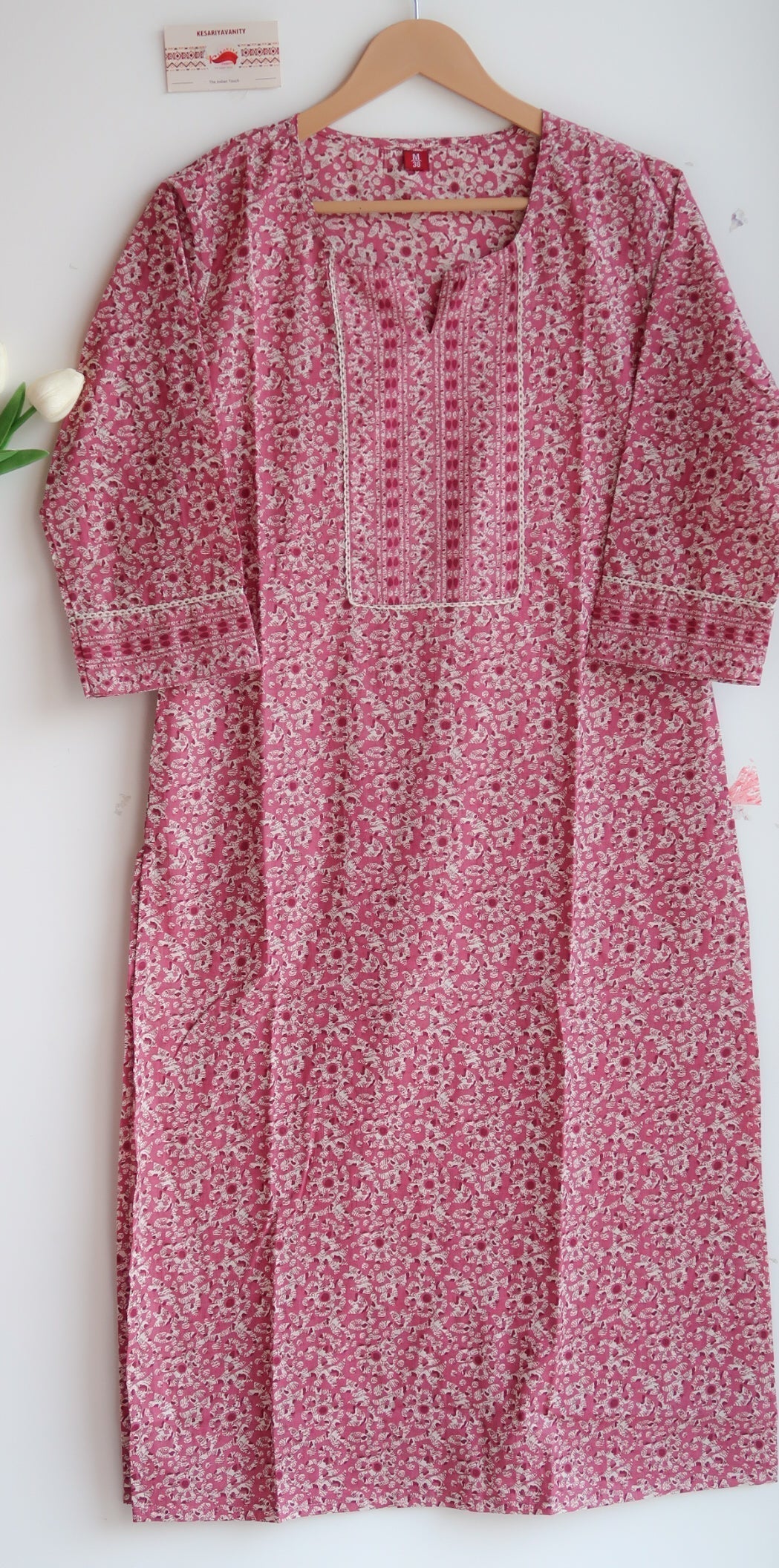 Rosy Brick Blossom Lace-Embellished Long Kurta
