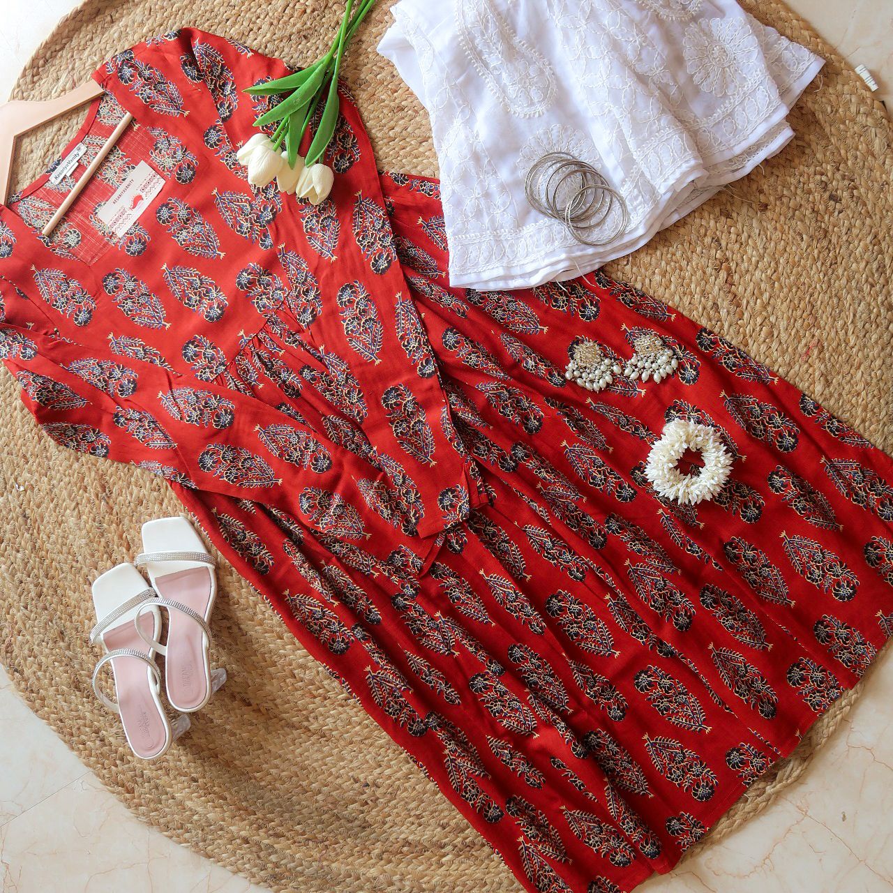Pick me Red Churidaar Long Kurta -Vasant