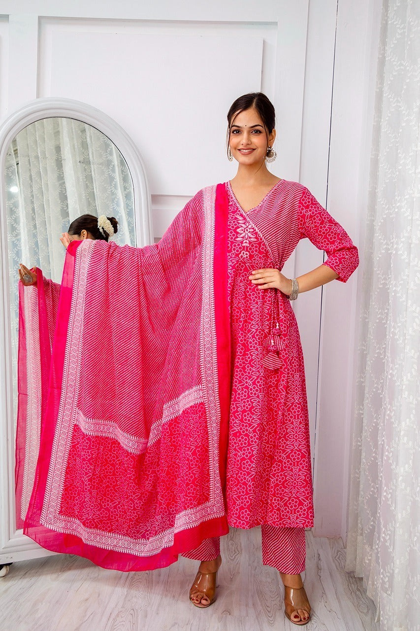 Vibrant Blossoms Bandhej- Leheriya Angrakha Suit Set