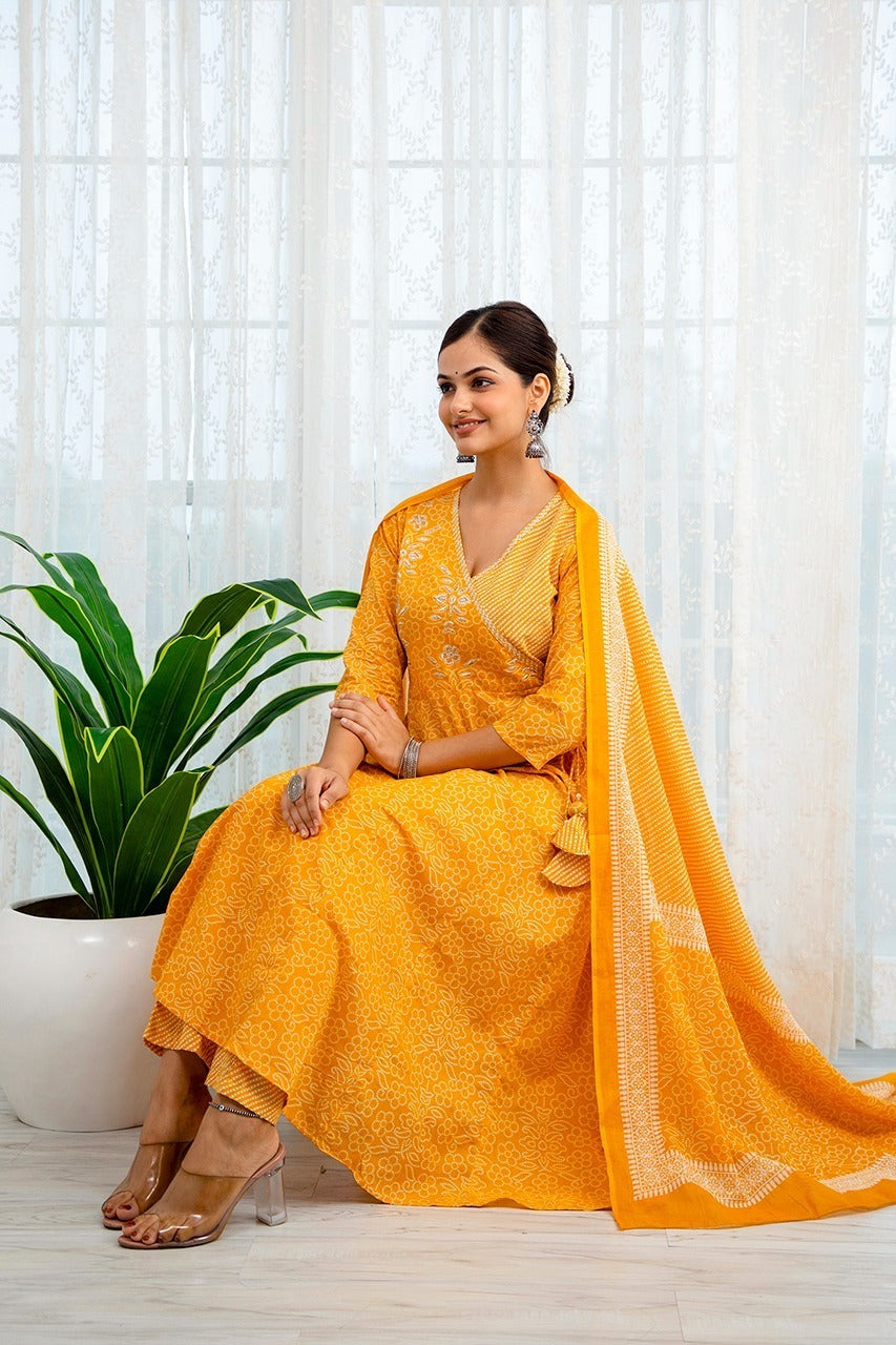 Sunflower Symphony Bandhej- Leheriya Angrakha Suit Set