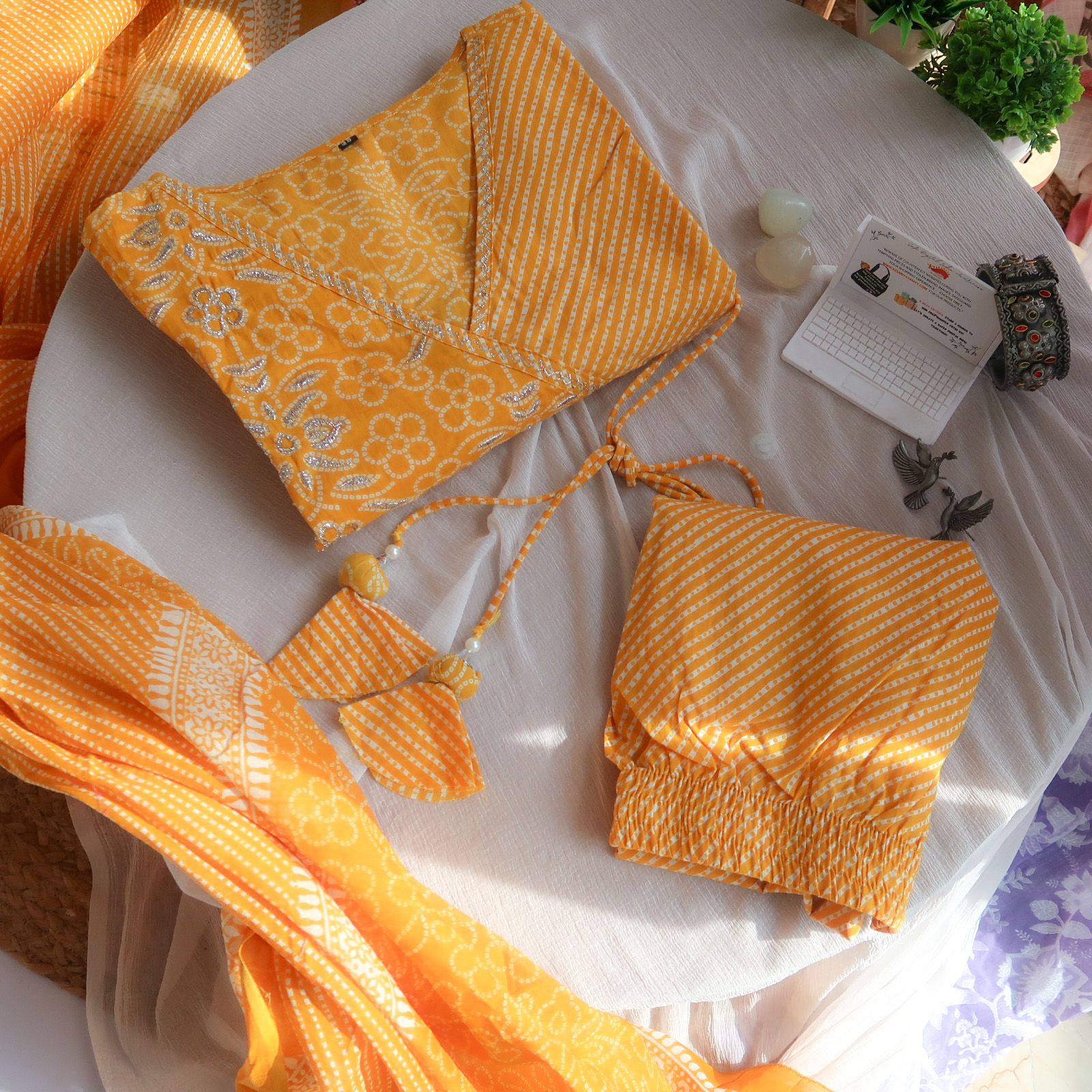 Sunflower Symphony Bandhej- Leheriya Angrakha Suit Set