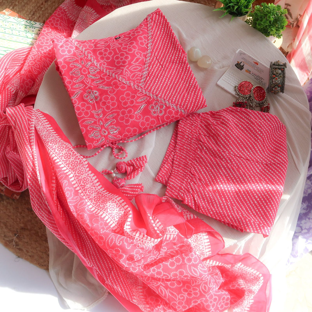 Vibrant Blossoms Bandhej- Leheriya Angrakha Suit Set