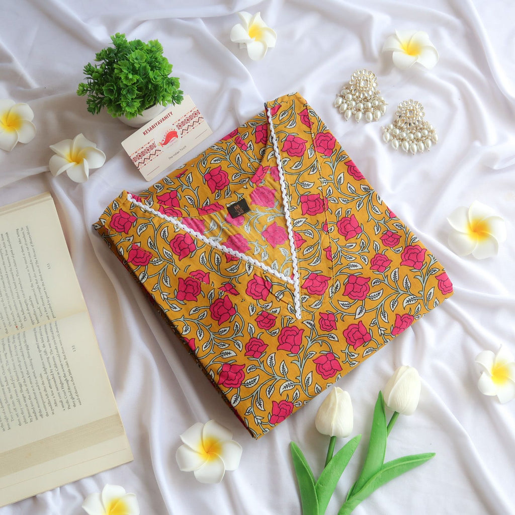 Mustard Golden Blooms V-Neck Long Kurta