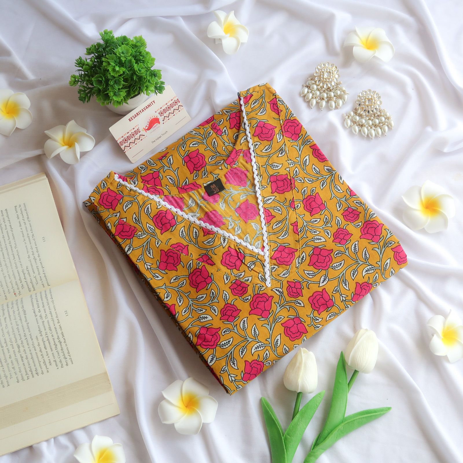 Mustard Golden Blooms V-Neck Long Kurta