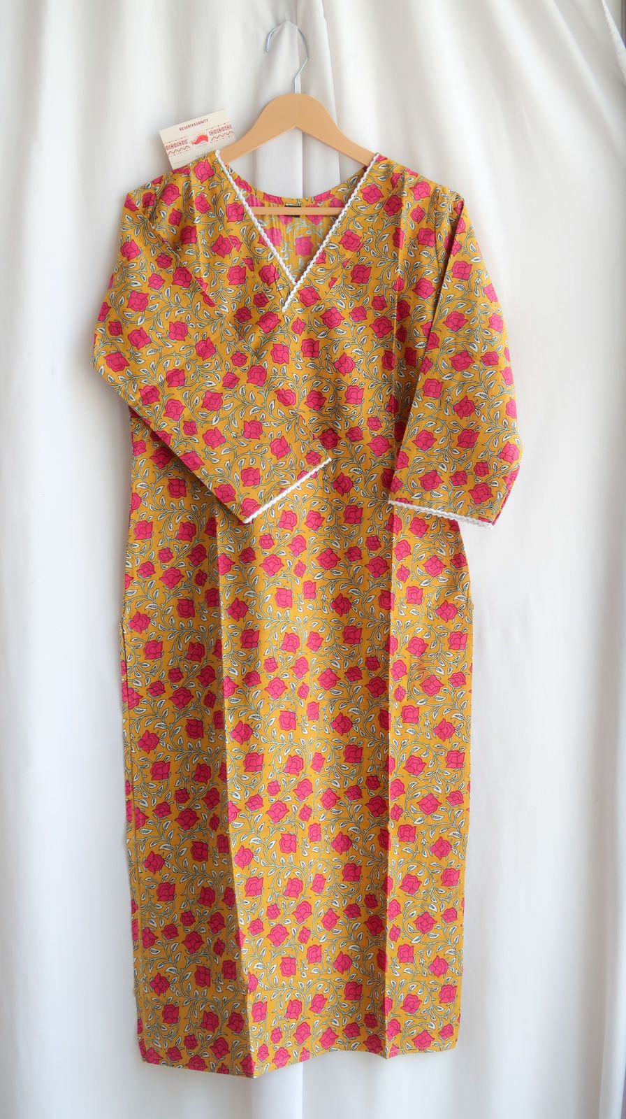 Mustard Golden Blooms V-Neck Long Kurta